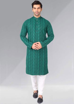 Green Chikankari Readymade Kurta Pajama In Georgette