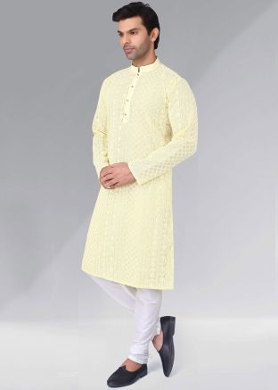 Light Yellow Chikankari Readymade Kurta Pajama