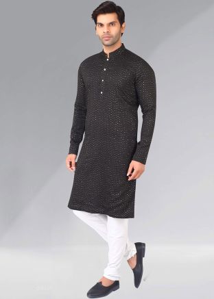 Readymade Black Silk Embroidered Mens Kurta Churidaar