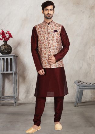 Maroon Readymade Kurta Churidar With Nehru Jacket
