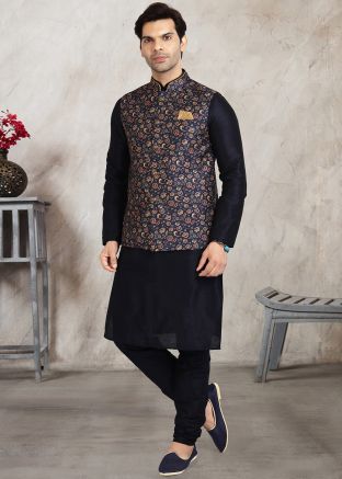 Blue Kurta Churidar With Floral Printed Nehru Jacket