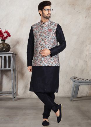 Blue Kurta Pajama With Printed Nehru Jacket