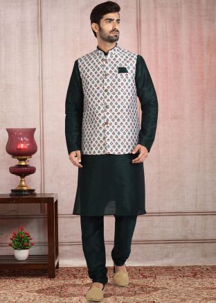 Green Mens Kurta Churidar Set With Nehru Jacket