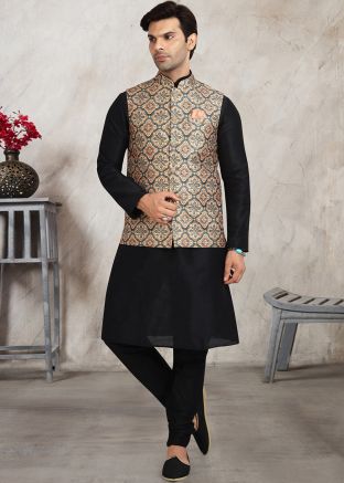 Black Kurta Pajama With Floral Printed Nehru Jacket
