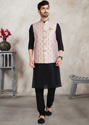 Black Kurta Pajama With Printed Nehru Jacket