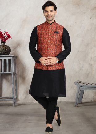 Readymade Kurta Churidar Set With Jacket In Black