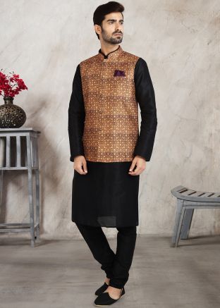 Black Readymade Kurta Pajama With Printed Jacket
