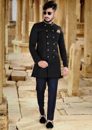 Black Indo Western Sherwani In Art Silk