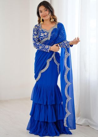 Royal Blue Georgette Ruffle Saree With Sequins Work