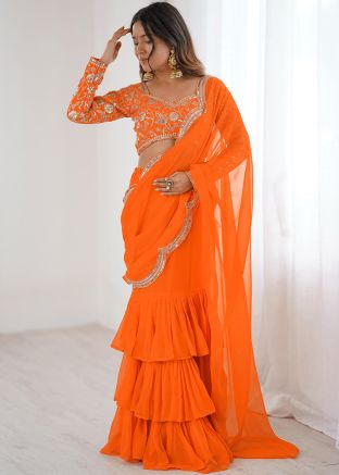 Orange Georgette Ruffle Saree With Embroidered Blouse
