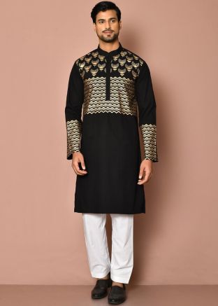 Readymade Black Cotton Printed Kurta Pajama