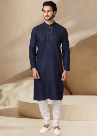 Navy Blue Mens Kurta In Cotton