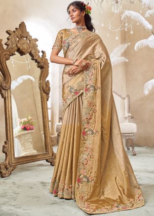 Beige Viscose Saree With Floral Border Work