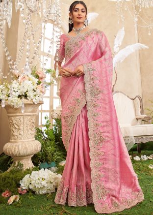 Pink Viscose Saree With Cutwork Border