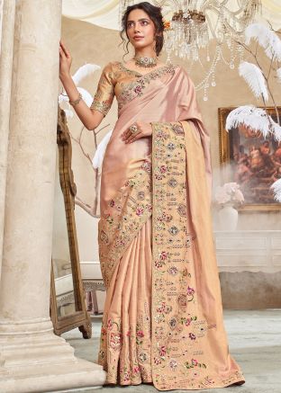 Peach Viscose Saree With Heritage Border
