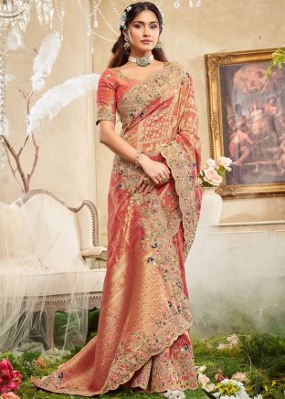 Orange Viscose Saree With Heavy Embroidered Edge