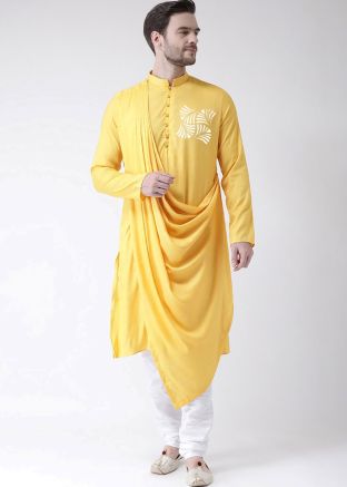 Yellow Cowl Style Embroidered Kurta Pajama