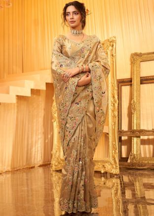 Beige Viscose Saree With Zari Work