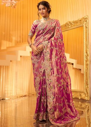 Pink Viscose Saree With Woven Zari Detailing