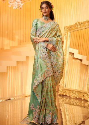 Green Floral Woven Viscose Saree