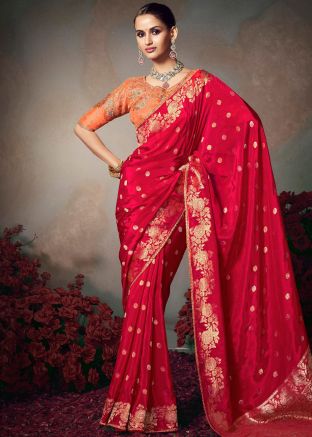 Red Art Silk Saree with Gold Zari Work
