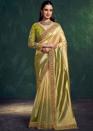 Shaded Green Tissue Saree With Floral Zari Motifs