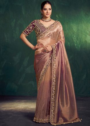 Two Tone Brown Tissue Saree With Beaded Floral Border