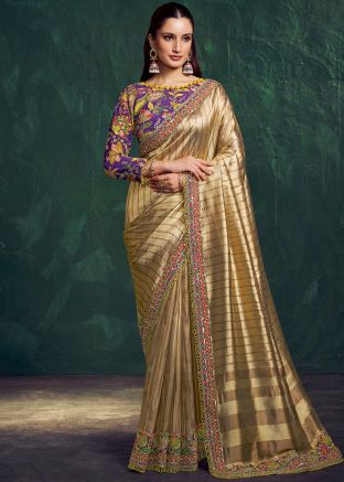 Golden Kanjivaram Saree With Floral Position Work