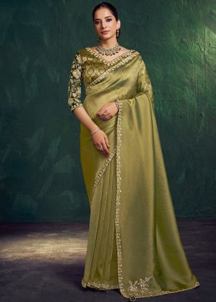 Green Tissue Saree With Handworked Sequin Border