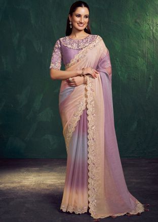 Shaded Lavender Georgette Saree With Scallop Embroidery