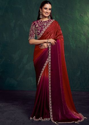 Two Tone Maroon Satin Saree With Scalloped Border