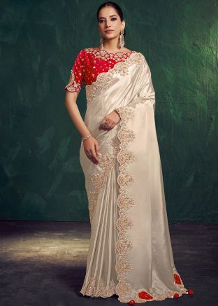 Cream Silk Saree With Scallop Sequin Work