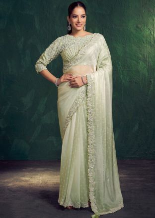 Pastel Green Satin Saree With Sequins Work