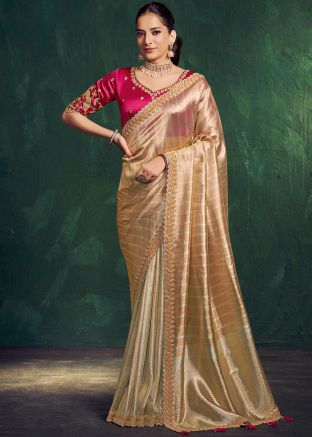 Golden Kanjivaram Silk Saree With Beads Border