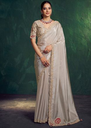 Silver Silk Saree With Sequins Handwork
