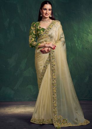 Golden Shimmer Saree With Zari Floral Border