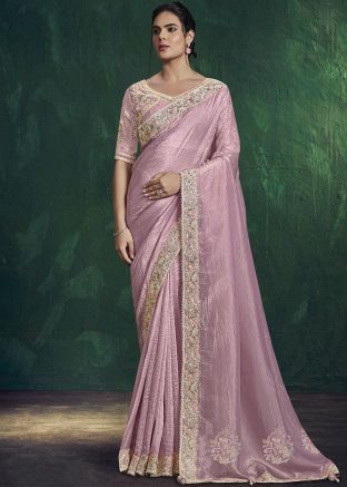Dusty Pink Silk Saree With Embroidered Border