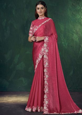 Rose Pink Satin Saree With Floral Embroidery