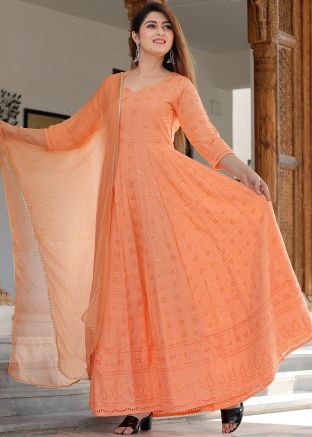 Orange Chikankari Embroidered Anarkali Style Kurta