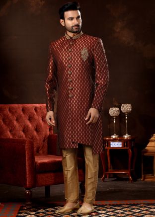 Maroon Asymmetric Readymade Jacquard Sherwani