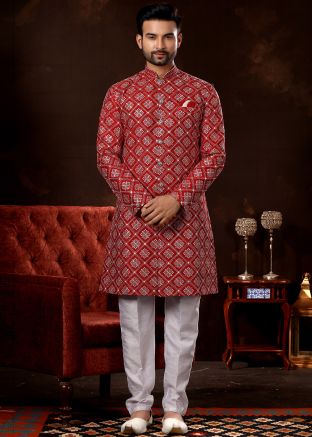Red Chikankari Embroidered Readymade Sherwani For Men