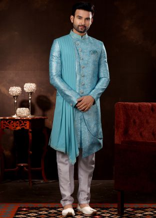 Blue Asymmetric Printed Readymade Sherwani
