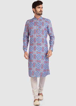 Blue Mens Readymade Printed Kurta With Pajama