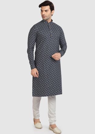 Printed Grey Readymade Cotton Kurta With Churidar