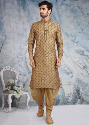 Readymade Beige Printed Kurta With Dhoti