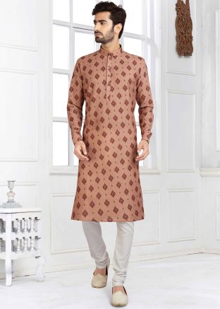 Brown Readymade Printed Cotton Kurta Pyjama Set
