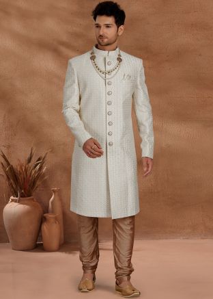 Readymade White Embroidered Indo Western Sherwani
