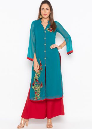 Readymade Blue Straight Cut Embroidered Kurta