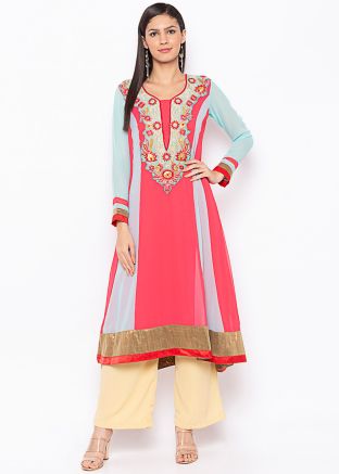 Peach And Blue Readymade Embroidered Kurti
