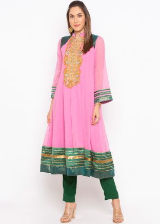 Readymade Pink Embroidered Flared Anarkali Kurti